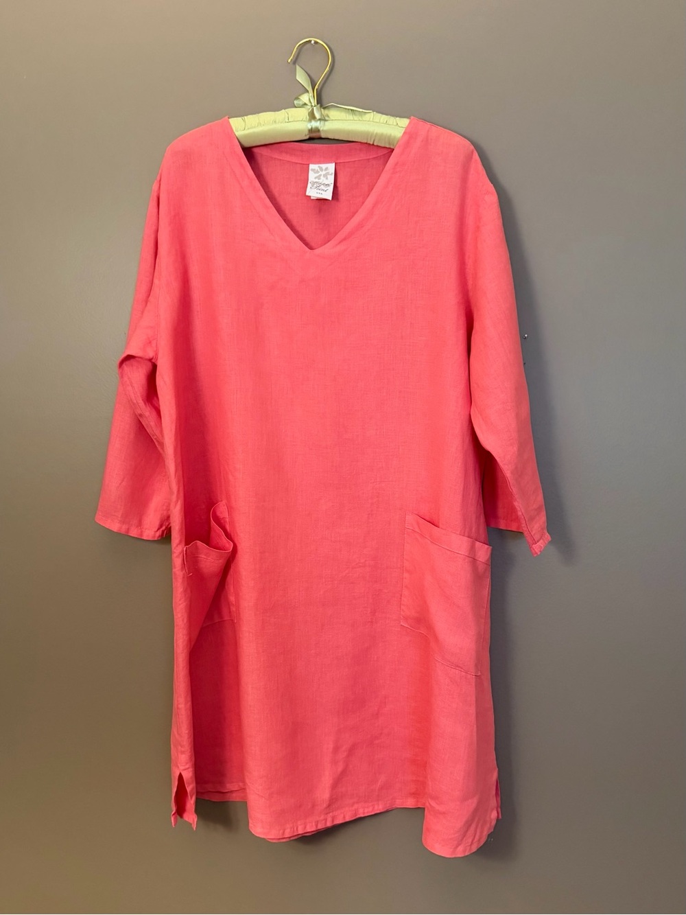 Women’s Coral V-Neck Midi Dress with Pockets